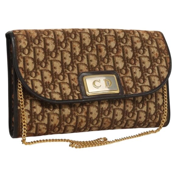 Christian Dior Trotter Canvas Chain Shoulder Bag Brown Gold Auth 117785 - Picture 1 of 16